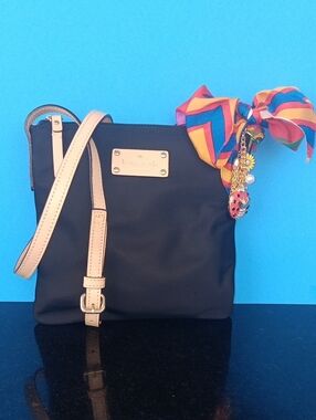 kate spade Black Crossbody with Beige Strap and Multicolor Scarf Charm Size8.5+8